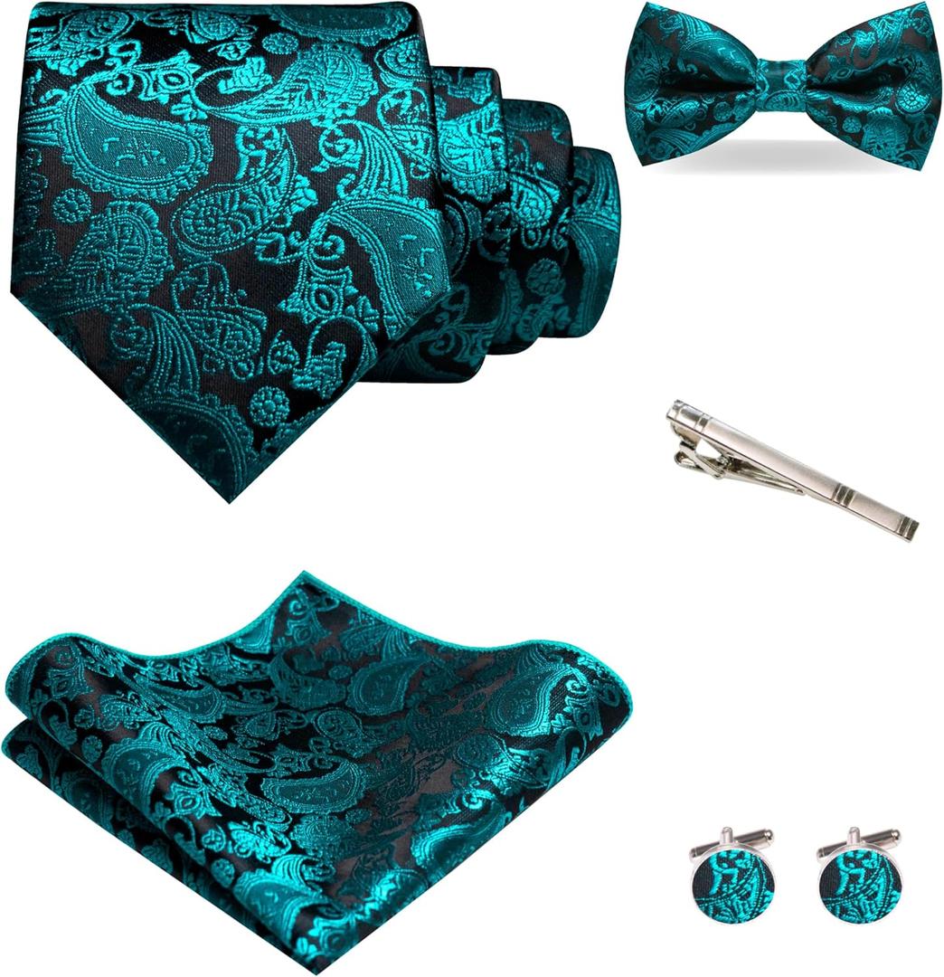 Mens Paisley Tie and Pre-tied Paisley Bow Tie with Pocket Square Cufflinks Clip Set (Teal)
