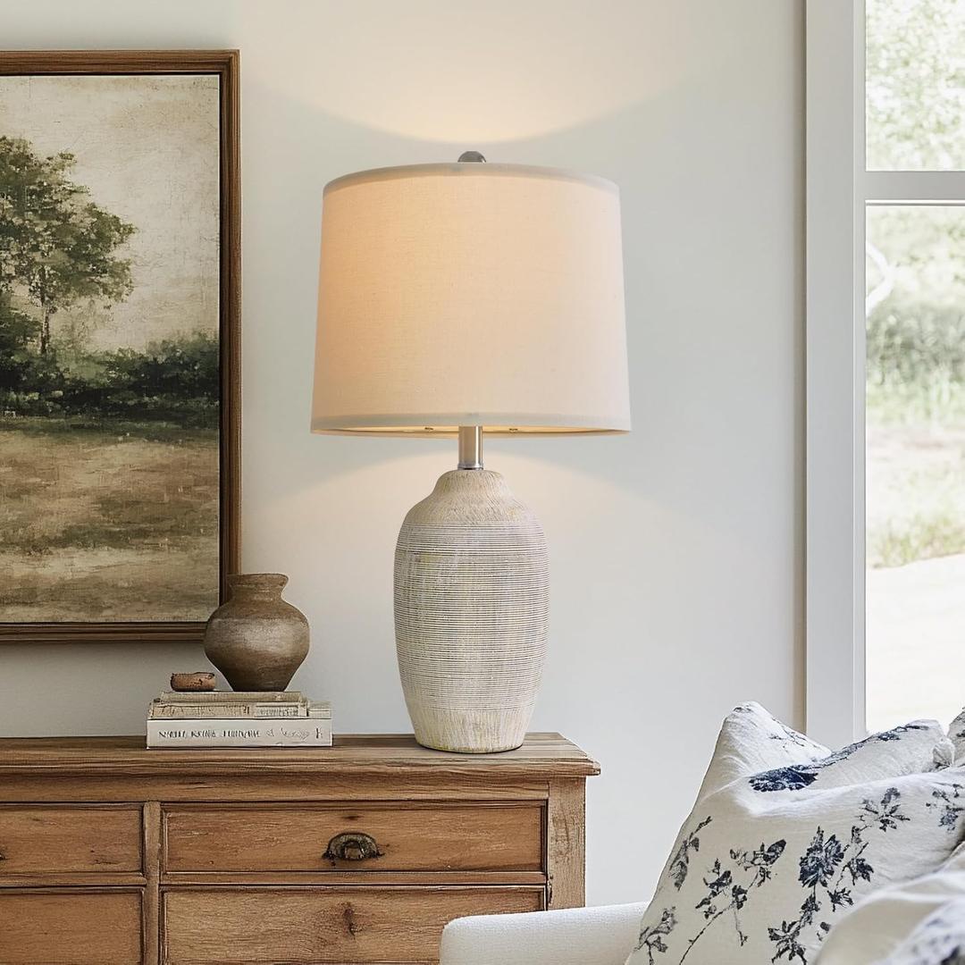 24 inch Vintage Ceramic Table Lamp - Single Farmhouse Rustic Bedside Lamp with Natural Textured Finish, Nightstand Lamps for Living Room, Bedroom, End Table