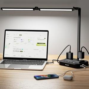Moremili LED Desk Lamp with USB Charging Port: Eye-Care Technology - 1 Type-C, 1 USB-A Charging Port, 2 AC Power Outlets, Desk Lamps for Home Office, Study, Bedroom, Black