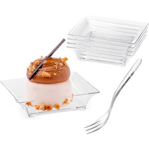 Zezzxu 100 Pack Mini Dessert Plates with Tasting Forks, 2.5 Inch Small Reusable Clear Plastic Square Hors D'oeuvres Tiny Plates for Party Serving, Individual Appetizers