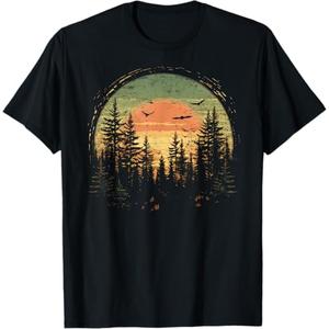 Retro Wilderness Bear Trees Reflection Outdoor Forest TShirt (M, Black)