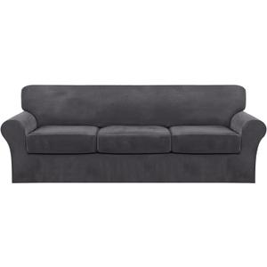 FantasDecor 4 Piece Sofa Velvet Couch Covers for 3 Cushion Stretch Slipcover with Individual Seat Cushion Elastic Furniture Protector for Pets, Machine Washable (Large Sofa, Gray)
