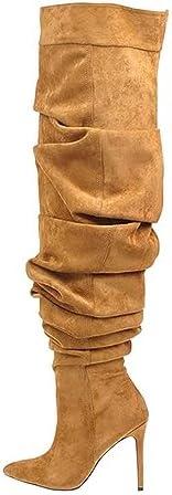 THESHY Women's Slouchy Over The Knee Boots Denim Pointed Toe Stiletto Heel Thigh High Boots Pleated Tall Fashion Sexy Bootie. Size 40