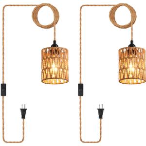 Plug in Pendant Light, Industrial Hanging Light with Plug in Cord Hemp Rope On/Off Switch Farmhouse Pendant Lamp with Plug in Cord, Vintage Hanging Lamps for Dining Room (2 PACK, Straight)