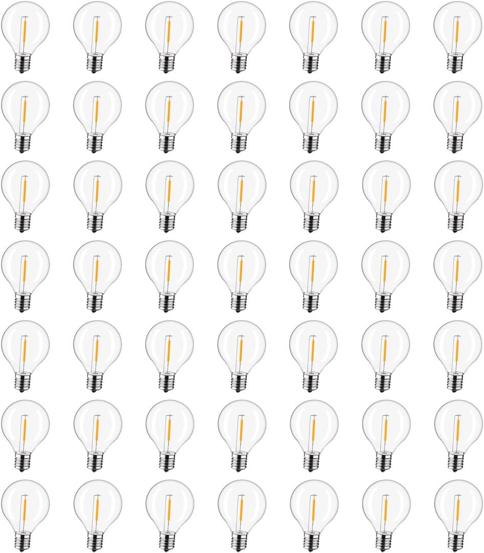 50-Pack G40 LED Replacement Light Bulbs, E12 Screw Base Shatterproof Globe Bulbs for Outdoor String Lights, 0.6 Watt 40 Lumens Equvalent to 5 6 7 Watt Incandescent Bulbs, Warm White 2200K