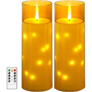 Sasigeiaa Waterproof Outdoor Candles with Timer & Remote - Battery Operated LED Candles, Realistic Flameless Plastic Pillar, Pack of 2 (4" D x 10" H, Gold) for Patio, Garden Camping Rainy Weather