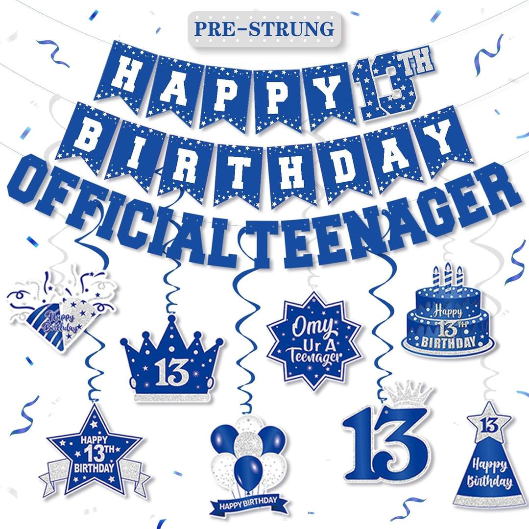 13th Birthday Decorations for Boys Girls Navy Blue, Pre-Strung Official Teenager Happy 13th Birthday Banner Backdrop Hanging Swirls, 13 Years Old Birthday Party Sign Decor Supplies Kit