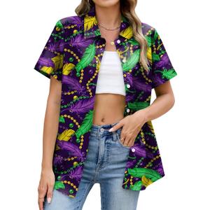 Fat Tuesday Shirts for Women Fat Tuesday Party Outfit Button Up New Orleans Themed Party Short Sleeve Tops, Small