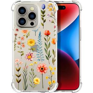 Compatible for iPhone 15 Pro Max Cases with Design, Cute Transparent Designer Phone Case for Women Girls Girly with Heavy Duty Protective Bumper (Clear Multicolored Flowers)