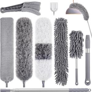 9PCS Dusters for Cleaning,Extendable Microfiber Duster with Extension Pole Up to 100'',Bendable Washable and Reusable Dusters Kit for Ceiling Fans, High Ceilings,Blinds,Furniture and Cars (Gray)