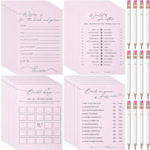 132 Pieces Wedding Shower Games Bridal Shower Favors for 30 Guests Including 120 Wedding Games Cards and 12 Pencils for Bride Groom Bachelorette Party Favor(Light Pink)