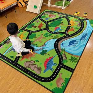 Kids Rug, Jurassic Forest Park Road System Playmat Rugs - 5x7 Ft Kids Carpet with Rubber Backing, Stegosaurus Spinosaurus Dinosaur Play Mat Great for Playing with Cars for Bedroom Playroom Nursery Rug (5' x 6'8" (Rectangular))