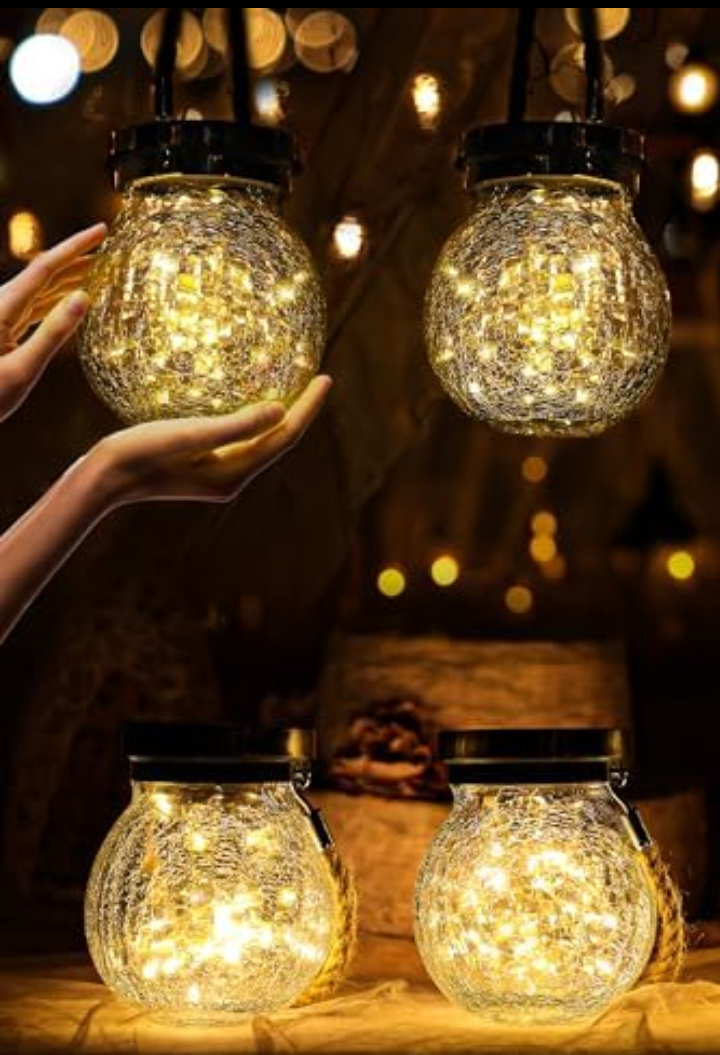 Cooo 4 Pack Heavy Crackle Glass Solar Lantern with 30 LED Firefly Lights– Waterproof Outdoor Hanging Lamp 215% Larger Solar Panel, Stainless Steel Lid Decorative Lighting for Garden Patio Table