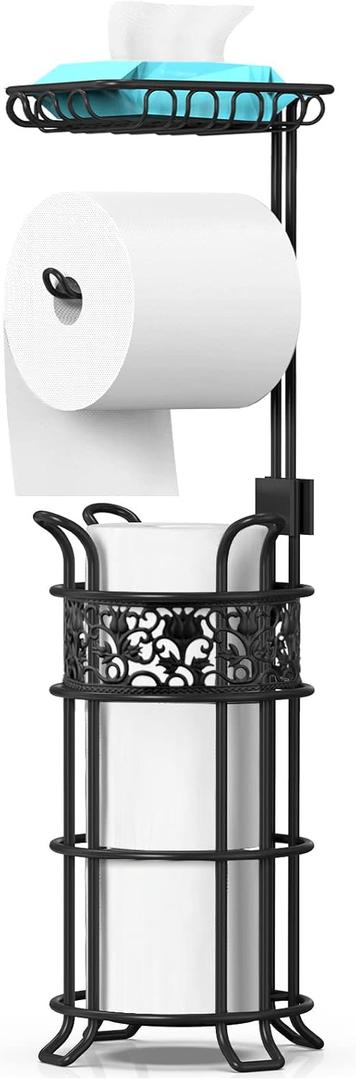 Toilet Paper Holder Stand with Shelf, Free Standing Toilet Paper Roll Dispenser Holds 3 Big Rolls of Jumbo Mega Paper, for RV Bathroom, Floral Pattern, Black