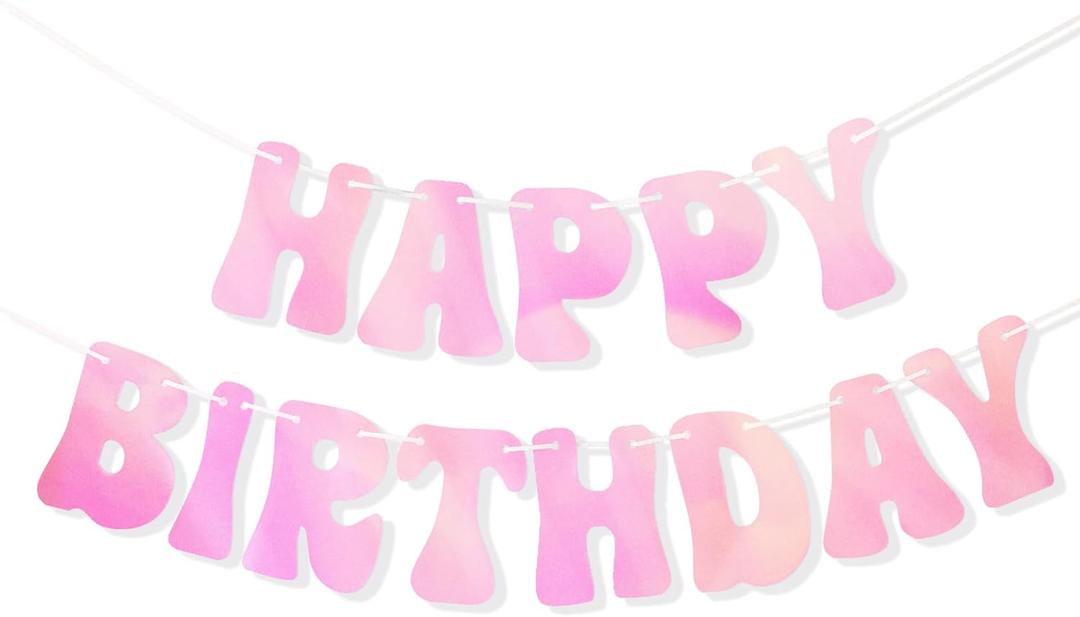 HOUSE OF PARTY Happy Birthday Banner | Pre-Strung Pink Iridescent Happy Birthday Letters Banner Sign-6 Feet | Bday Hanging Backdrop Party Decorations Custom | Beautiful Birthday Door Decoration
