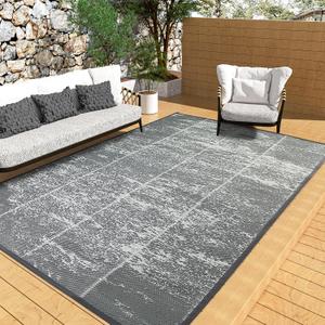 5'x 8' Outdoor Rug,Waterproof Reversible Patio Rugs,5x8 ft Plastic Straw Outdoor Carpet Foldable Plastic Camping Mat for Outside RV, Patio,Picnic,Camper,Balcony,Porch(5 x 8,Deep Gray)