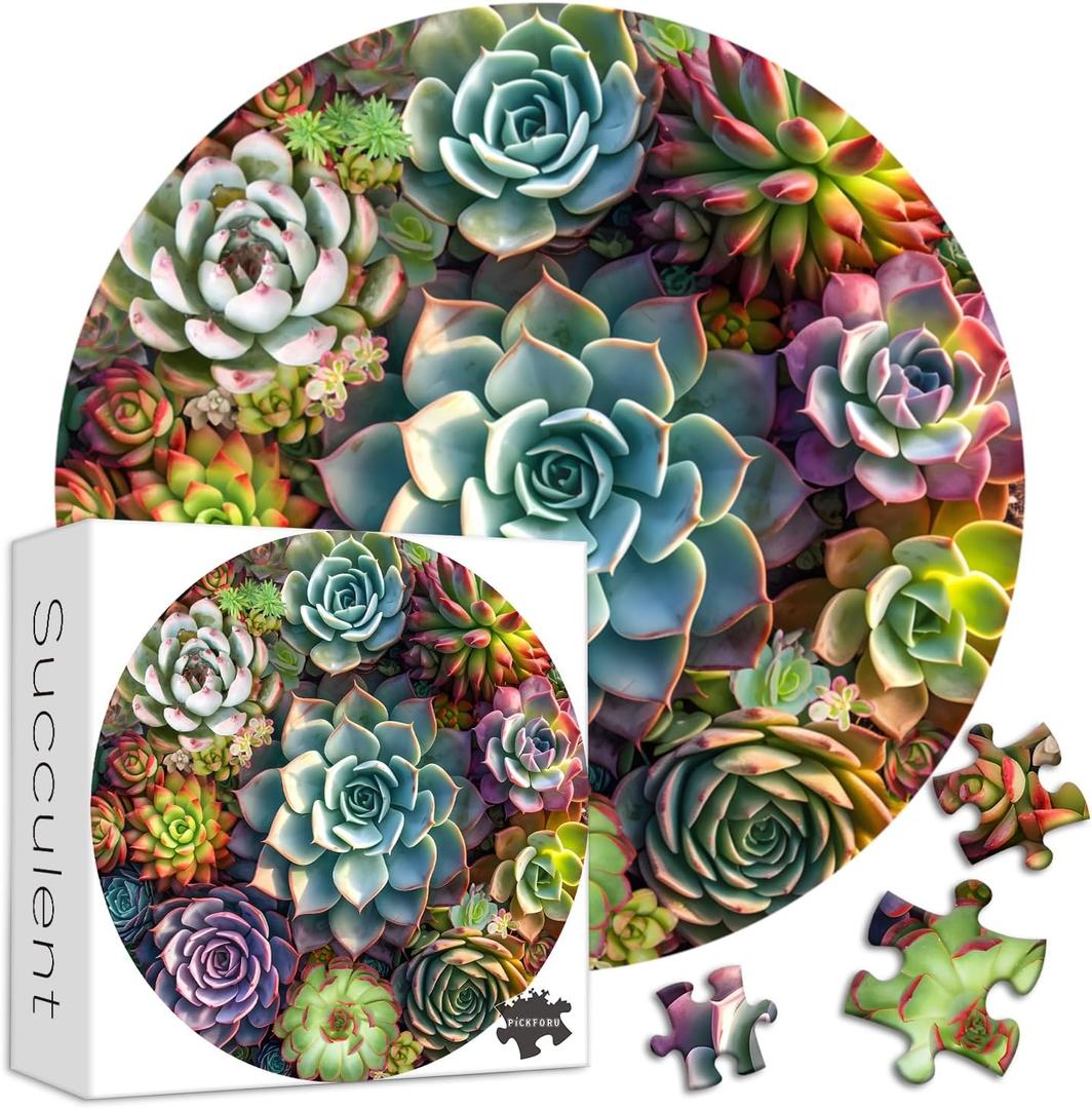 Succulent Puzzles for Adults, PICKFORU Round Flower Succulent Jigsaw Puzzles 1000 Pieces, Unique Circle Plant Adult Puzzles as Wall Decor