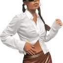SweatyRocks Women's Long Sleeve Button Up Shirt Collar Neck Ruched Fitted Blouse Top (Medium, White)
