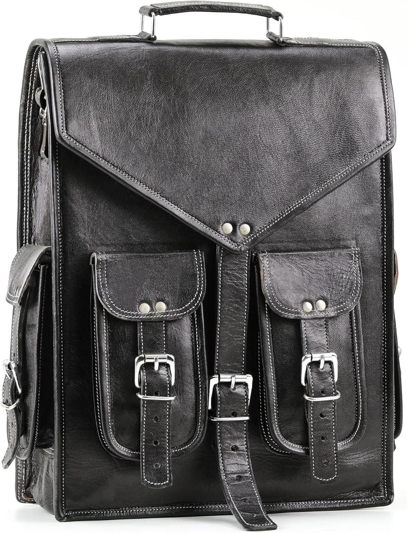 Handmade World Black Vintage Leather Backpack Laptop Messenger Bag Rucksack Sling for Men and Women (12" x 16")