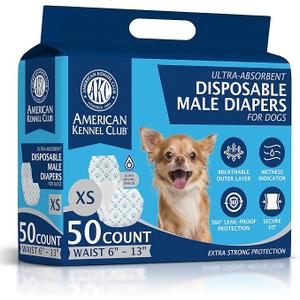 American Kennel Club Male Dog Wrap, Disposable Diapers with Wetness Indicator, XSmall, 50 Count