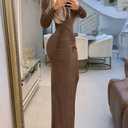 Women Bodycon Maxi Dress Mock Neck Long Sleeve Ruched Elegant Cocktail Dresses Zipper Back Evening Dress (Red, XL)