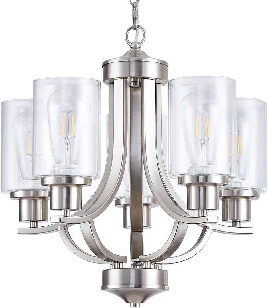 5-Light Dining Room Chandelier, Modern Small Chandeliers Farmhouse High Ceiling Pendant Light Fixtures for Living Room, Kitchen, Foyer, Bedroom (Brushed Nickel)