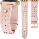 Wearlizer Leather Band Compatible with Apple Watch Bands Women 42/46/38/40/41/44/45/49mm, Dressy Fancy Designer Pretty Heart Charms Studded Strap for iWatch Series 11 10 9 8 7 6 5 4 SE/Ultra 3 2 1 (Pink/Rose Gold Buckle)