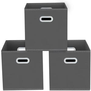Yunkeeeper storage bins Cubes, Fabric Cube Organizer with Handle, Foldable Cube Bins for Cloth or Accessary Storage, 11x11x11, Set of 3,(Gray)