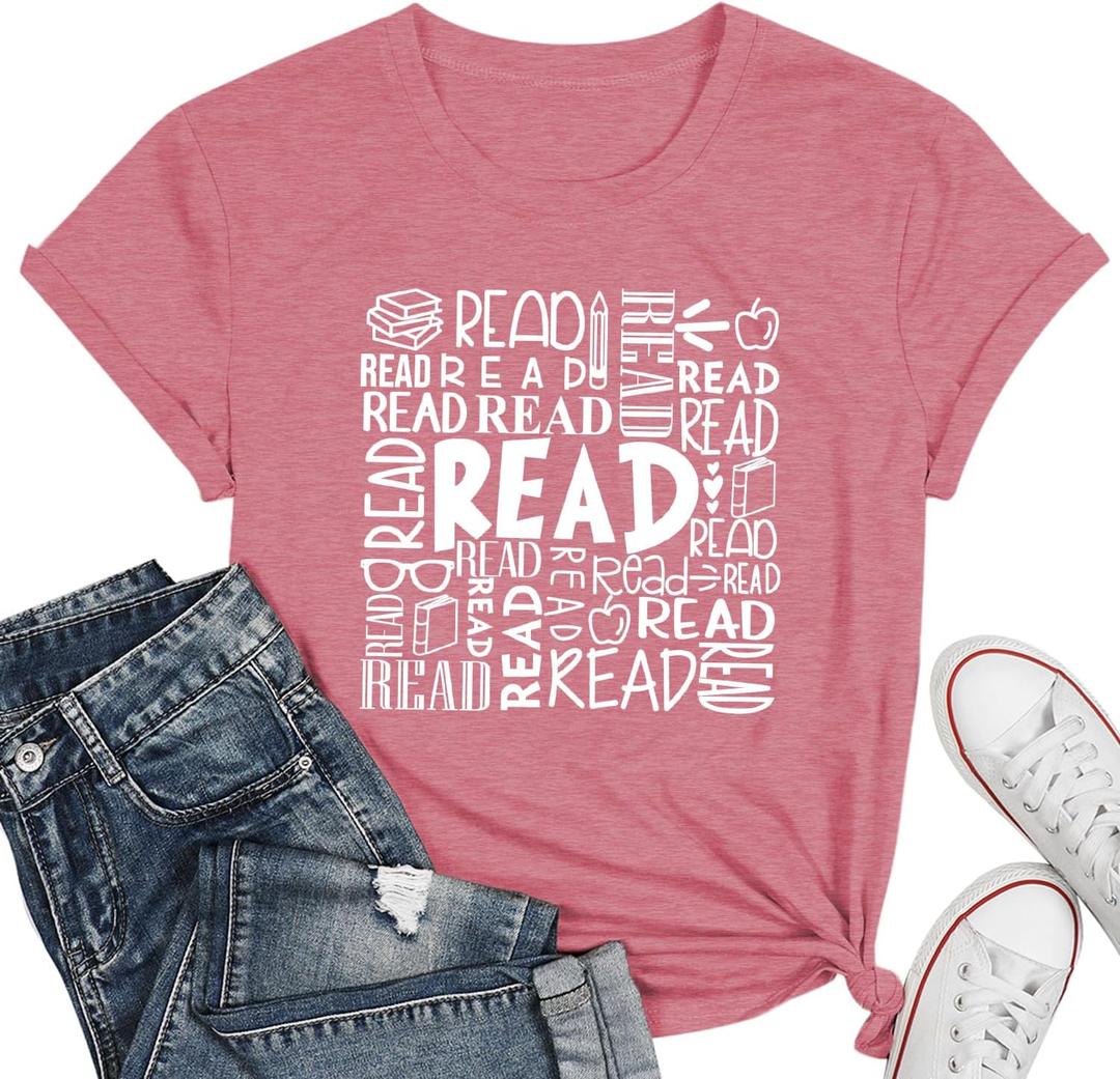 Reading Teacher Shirt Women-Cute Read More Books Short Sleeve Library Book Lovers Daisy Tee Tops