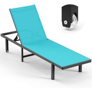 Lounge Chair Outdoor with Wheels, Aluminum Chaise Lounge Outdoor Chair with 5 Adjustable Backrest - Easy to Move- Pool Lounge Chairs for Patio, Poolside (Lakeblue)