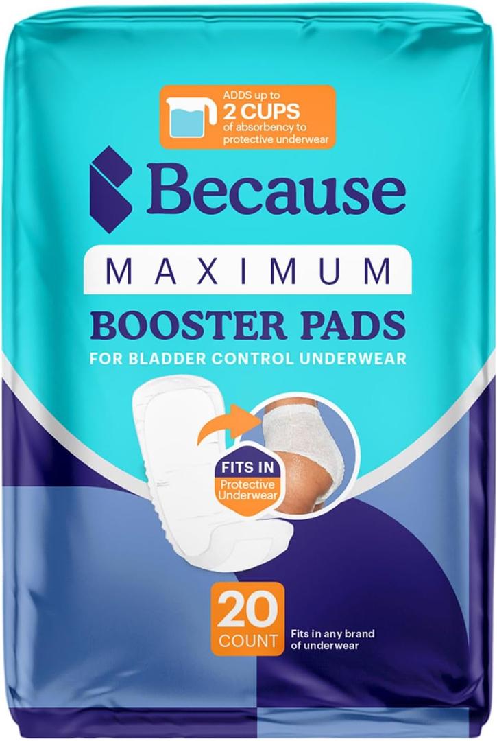 Because Maximum Incontinence Booster Pads, Adult Diaper Doubler Adds 2 Cups of Extra Absorbency, Discreet, Soft Leak Protection for Men & Women, Fits Inside Disposable Underwear, 20 Count