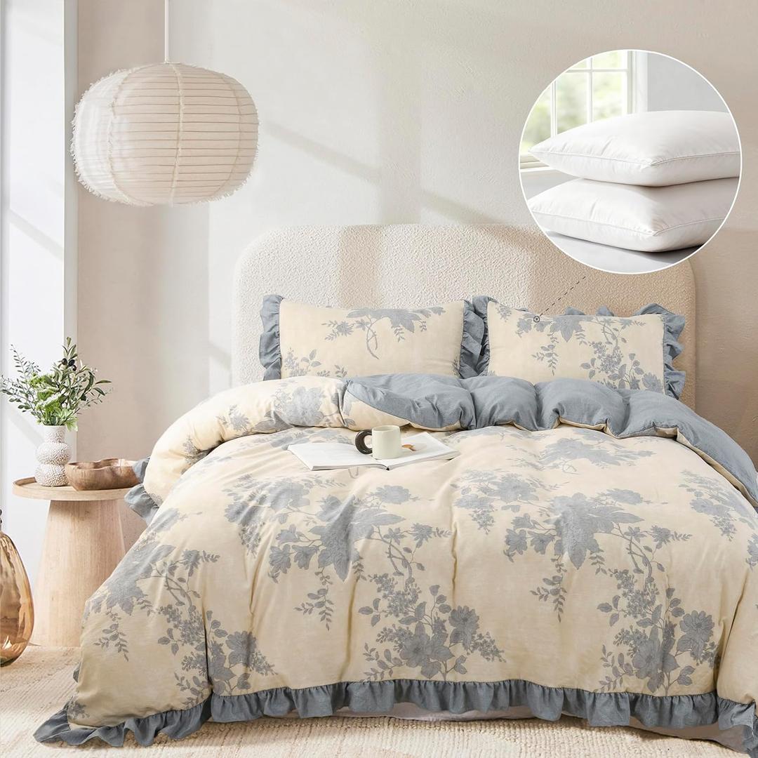 Oli Anderson Floral Comforter Set King Size, 5 Piece Vintage Botanical Print Bedding Set, Farmhouse Lightweight Bed in a Bag with 1 Ruffle Flowers Comforter, 2 Pillowcases, 2 Pillows (Blue, King)
