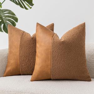 Set of 2 Fluffy Boucle Pillow Covers 18"x18", Tobacco Textured Throw Pillow Covers with Faux Leather Accents, Boho Decorative Pillow Cases for Couch, Bed, or Farmhouse Home Decor