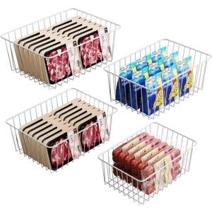 Ispecle Freezer Organizer Bins - 4 Pack Upright Freezer Baskets for 17/21 Cu.Ft Stand Up Freezer, Wire Storage for Reach-In Freezer, Slide-Out Access, Prevents Items Falling, 2 Large 2 Medium, White