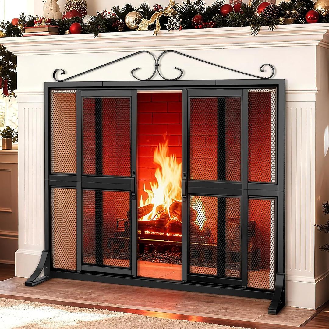 Fireplace Screen with Sliding Doors, 37.8" L x 30.7" W Hand-Forged Iron Fire Place Screens Stand Alone Heavy Duty, Decorative Fireplace Door Gate Cover Guard for Living Room Children and Pet Proofing