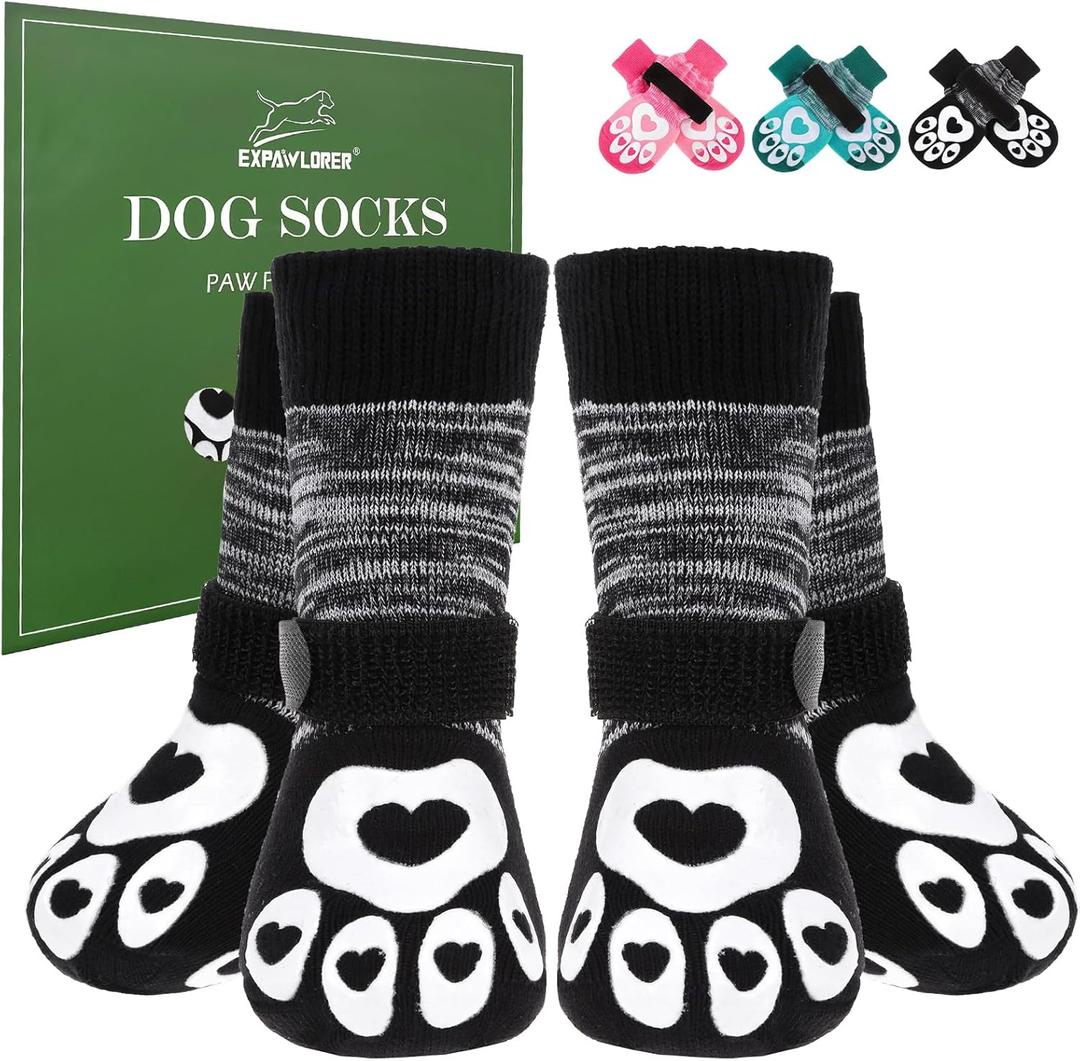 EXPAWLORER Dog Socks to Prevent Licking Paws with Grippers for Hardwood Floors Anti Slip, Glow-in-the-Dark Dog Cold Winter Shoes Booties Boots & Paw Protectors for Medium Dogs (Black)