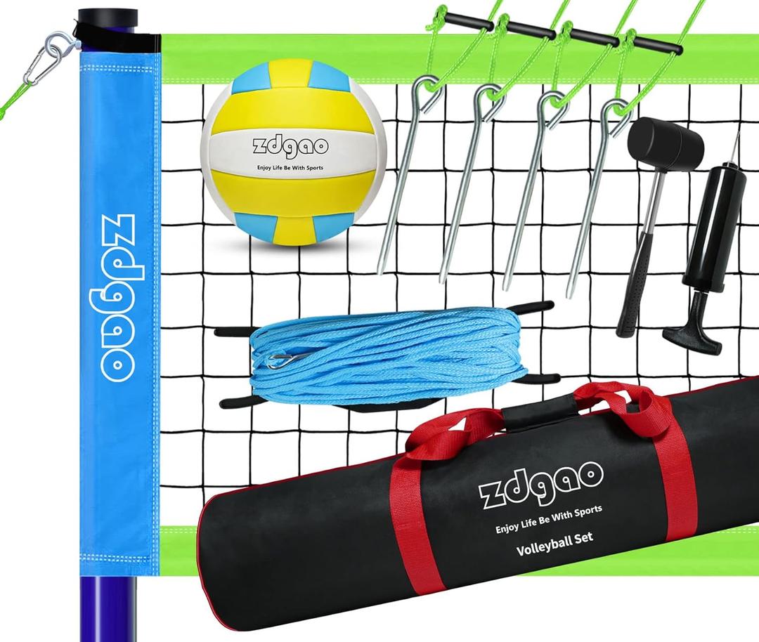 Outdoor Portable Volleyball Net System - Adjustable Height Poles with Soft Volleyball Ball, Pump, Hammer, Boundary Line, and Carry Bag for Backyard, Beach, Lawn (32FT Blue Green)