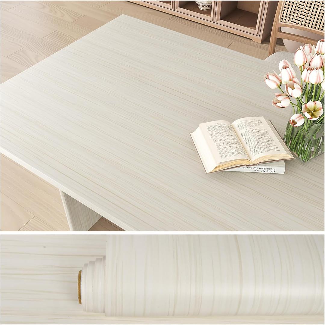 VEELIKE Cream White Wood Contact Paper for Countertops Peel and Stick Waterproof Thick Wood Wallpaper 118''x32'' Extra Wide Wood Grain Contact Paper Self Adhesive Wood Vinyl Wrap for Desk Furniture