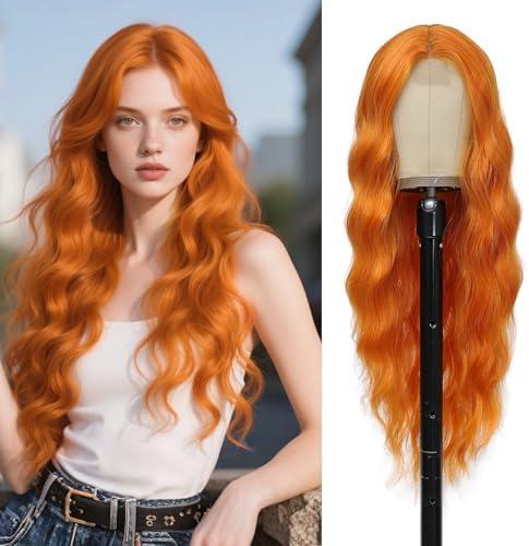 Angzon Orange Wig 26 Inch Long Wavy Wig for Women - Heat Resistant Synthetic Hair Middle Part Curly Wig Natural Look for Daily Party Cosplay Costume Use