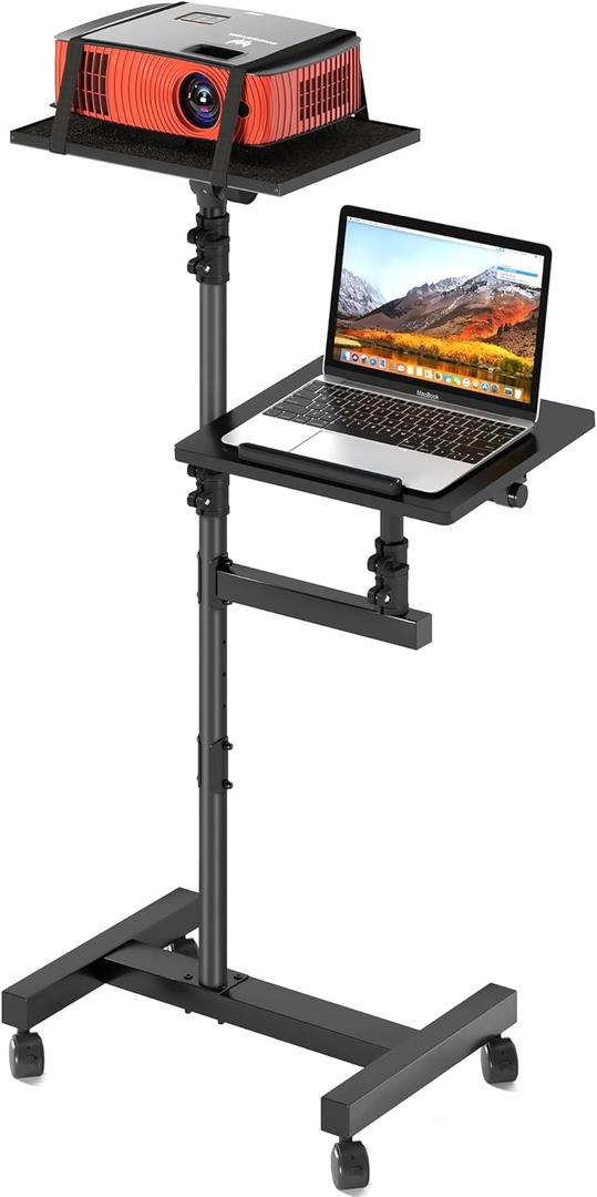 Projector Stand Tripod with 2 Shelves, Mobile Desk on Wheels Adjustable Height from 45" to 64", Rolling Laptop Stand Cart with Wheels for Couch, Bedside, Meeting