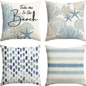 AVOIN colorlife Take Me to The Beach Summer Throw Pillow Covers, 20 x 20 Inch Blue Ocean Starfish Summer Cushion Case for Sofa Couch Set of 4