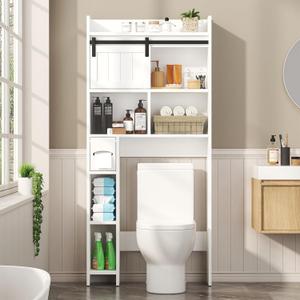 White Over The Toilet Storage Cabinet, Above Toilet Shelf with Sliding Door & Toilet Paper Holder Stand, Behind Toilet Bathroom Organizer with Side Storage Rack for Bathroom, Restroom, White