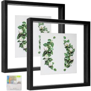 MUYE 10x10 Floating Frames Set of 2,Double Glass Picture Frame Display Any Size Photo up to 10x10,Wall Mount or Tabletop Standing,Black