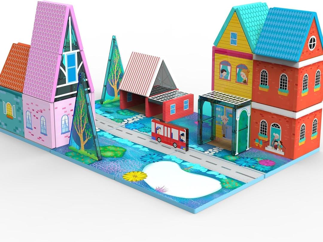 Magnetic Tiles Toy Set for Kids with 6 Large Square , Magnetic Blcok Fairytale Town Set, Magnetic Building Blocks with Road, Large Expansion STEM Building Magnet Toys for Ages 3-5 4-8 5-7 Boys Girls