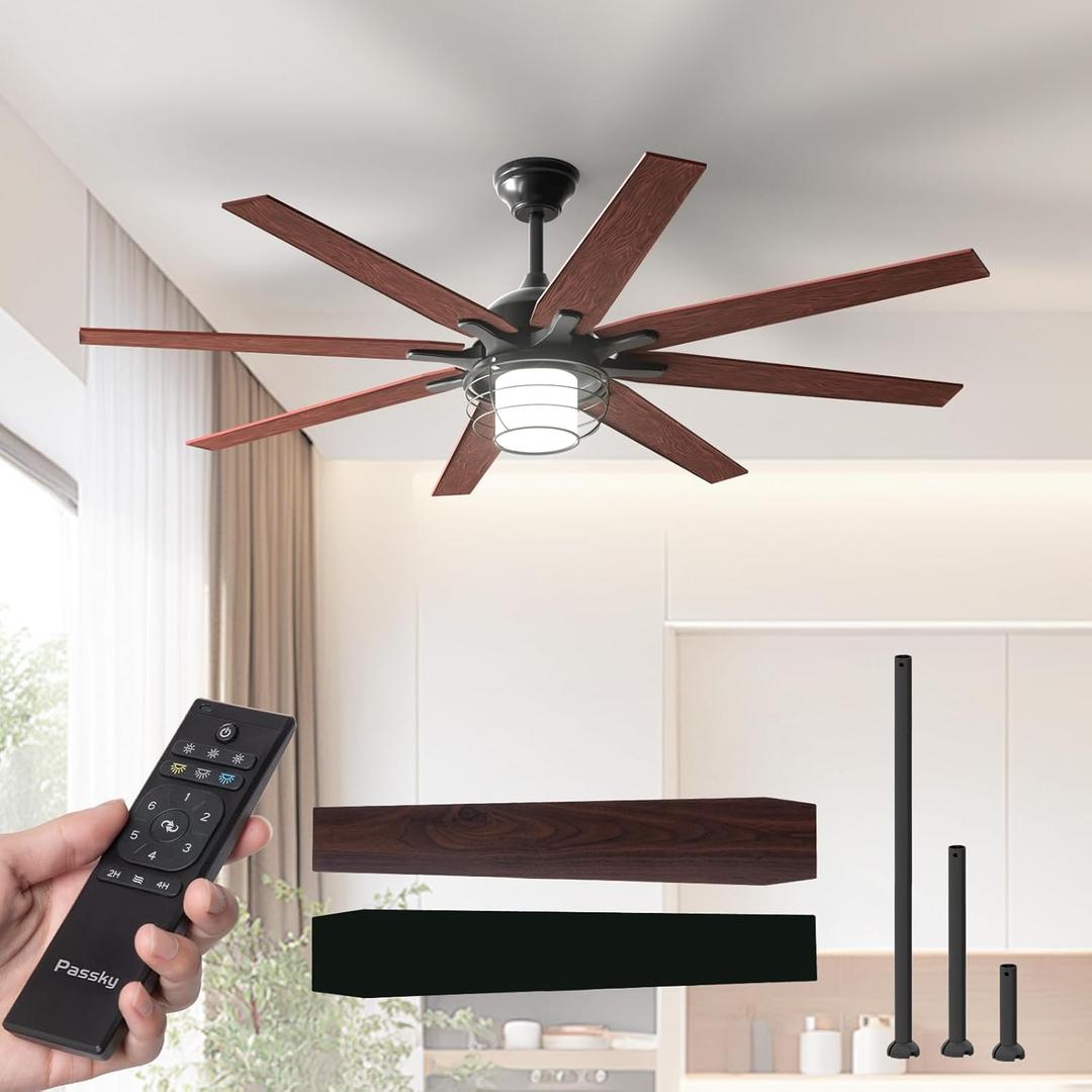 Ceiling Fans with Lights, 66 inch Black Ceiling Fan with Light and Remote Control, Reversible, Dimmable, 3CCT, Quiet, Caged Ceiling Fan for Farmhouse, Bedroom, Living Room, Indoor/Outdoor Use