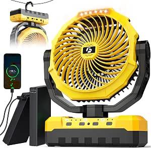 36000mAh Portable Camping Fan - 120HRS Rechargeable Fan with Detachable Battery with LED & Remote - 4 Speeds Battery Powered for Tent,Travel, Office, Jobsite