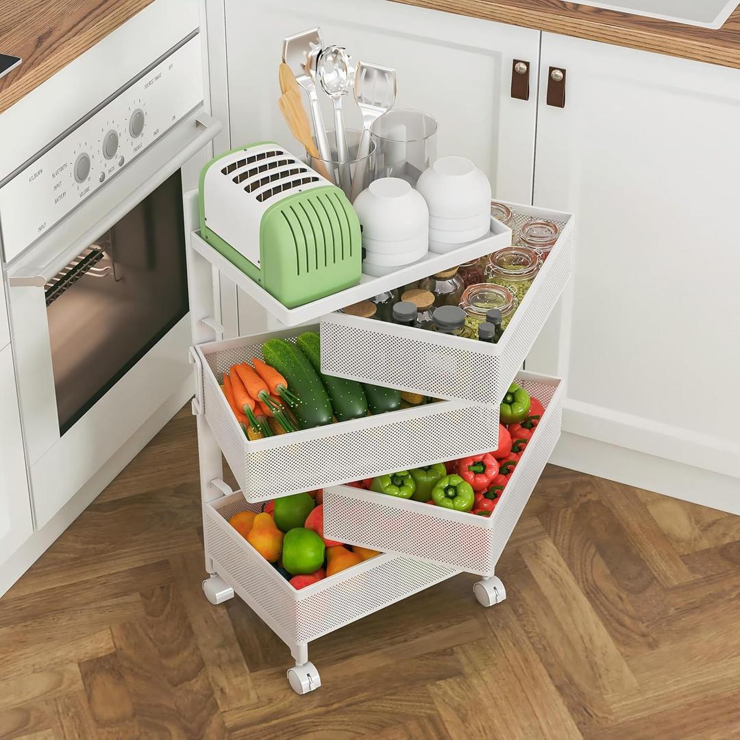 Fruit Basket for Kitchen No Assembly 4-Tier Rotating Storage Rack, Vegetable Storage CartBathroom Shelf,Storage Drawer Cart,Kitchen Organizers and Storage Cart(Bright White, 4 Tier-Square)