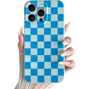 Skyseaco Compatible with iPhone 15 Pro Max Case Cute Checkerboard Checkered Pattern Design Soft Slim TPU Phone Case Shockproof Full Camera Protection for Women Girls - Blue