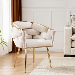 Luxury French Weave Accent Chair with Metal Legs, Mid Century Modern Lounge Chair for Living Room Bedroom Office, Industrial Chic Design Soft Cushion Sturdy Frame 350lb Capacity, White