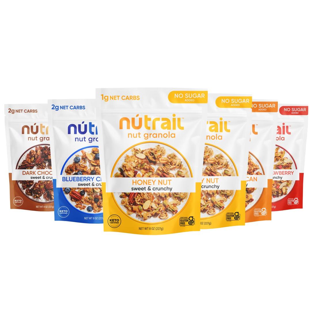 NuTrail Nut Granola, Variety Pack, No Sugar Added, Gluten Free, Grain Free, Keto, Low Carb, Healthy Breakfast Cereal 8 oz. 6 Count (Best Before 07/07/26, 07/30/26, 06/27/26, 06/29/26, 08/01/26)